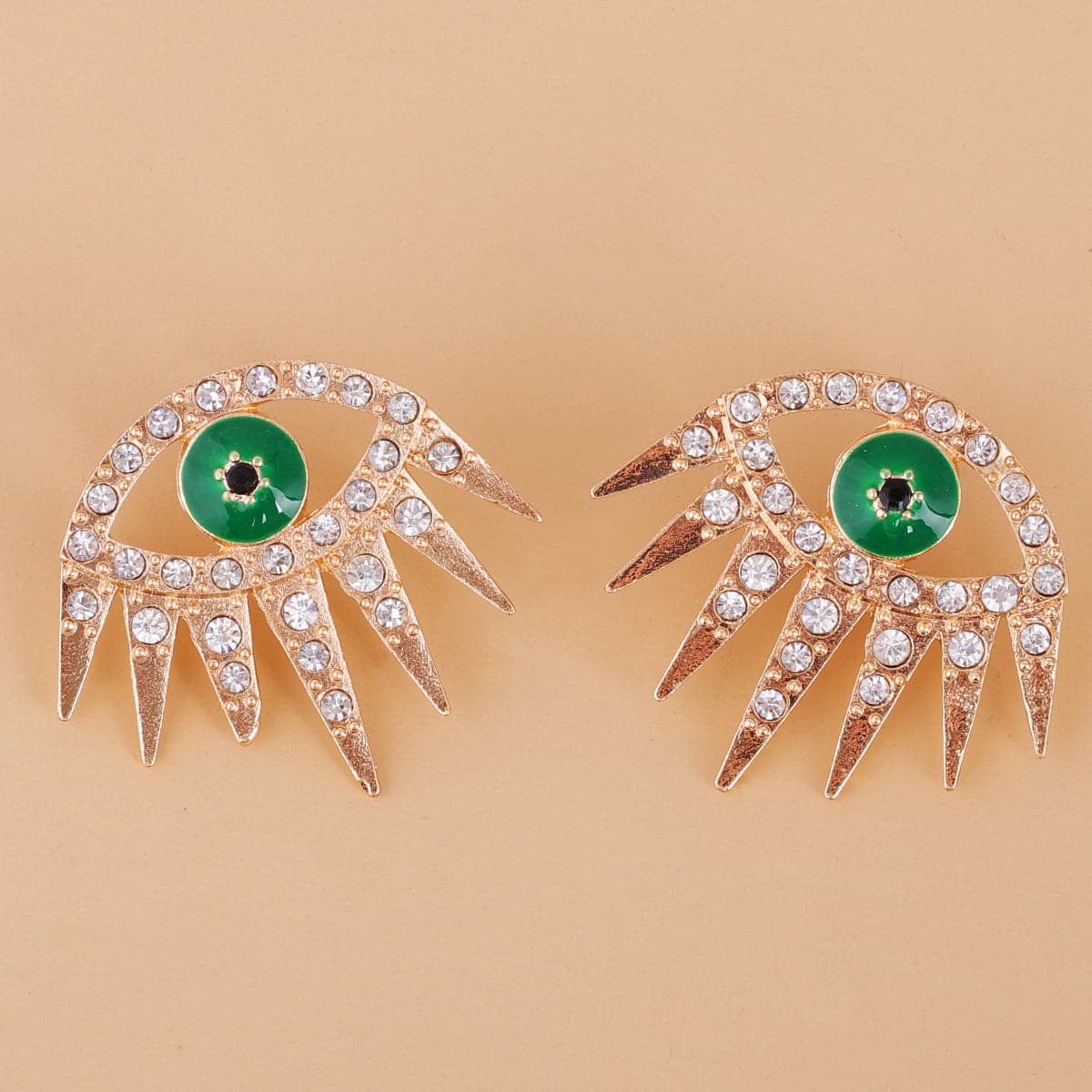 Cubic Zirconia & Green Enamel Eye Stud Earrings