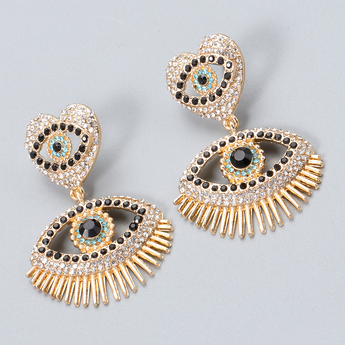Black Cubic Zirconia and 18K Gold-Plated Evil Eye Drop Earrings, gold drop earrings for women, detail close-up