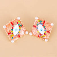 Red Multicolor Cubic Zirconia & Pearl Eye Stud Earrings
