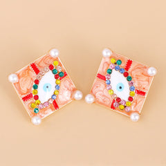 Red Multicolor Cubic Zirconia & Pearl Eye Stud Earrings