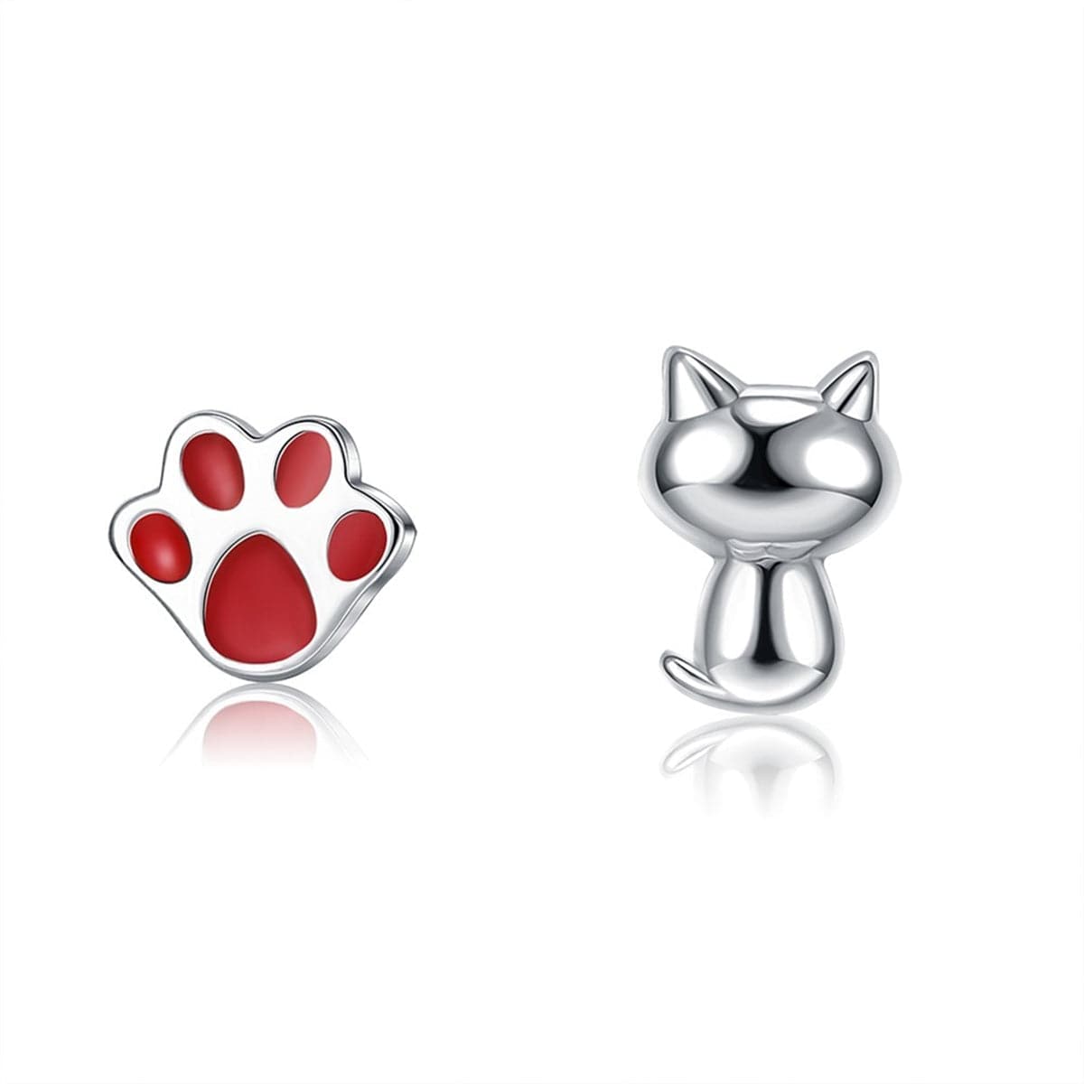 Red Enamel & Sterling Silver Kitty Paw Asymmetrical Stud Earrings