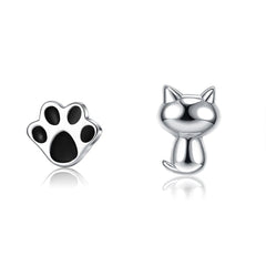 Black Enamel & Sterling Silver Kitty Paw Asymmetrical Stud Earrings