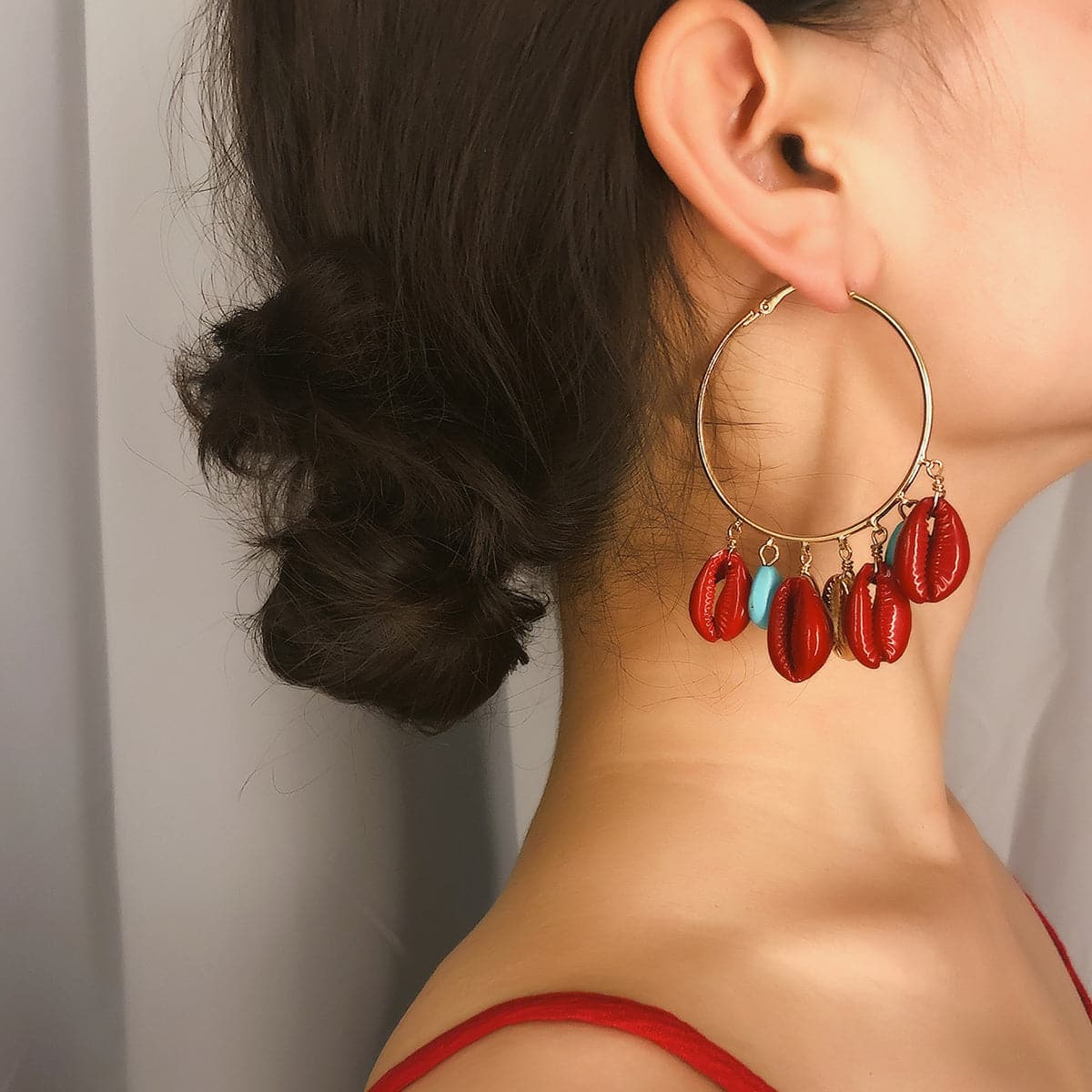 Turquoise and Red Shell Charm Hoop Earrings, drop earrings for women, vintage-inspired design, front view