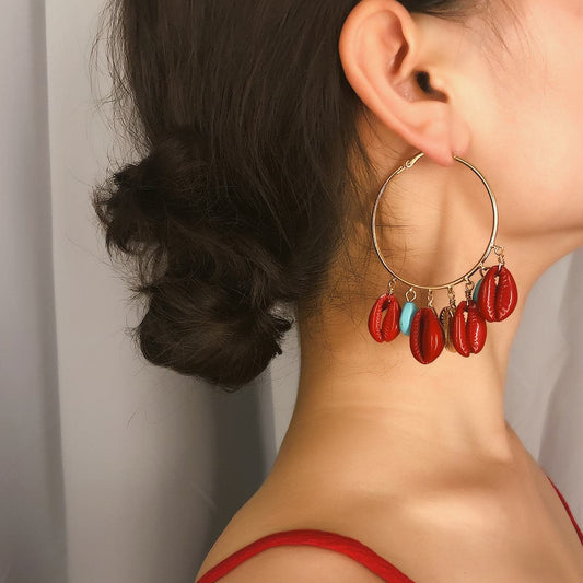 Turquoise and Red Shell Charm Hoop Earrings, drop earrings for women, vintage-inspired design, front view