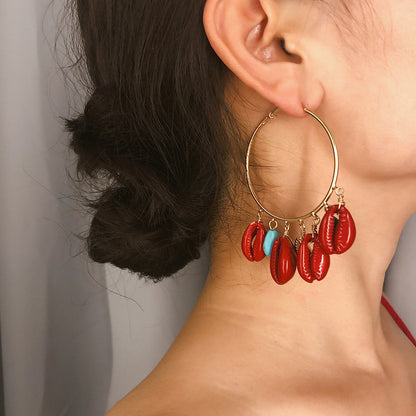 Turquoise and Red Shell Charm Hoop Earrings, drop earrings for women, vintage-inspired design, side view