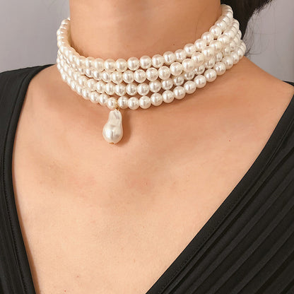 Pearl and 18K Gold-Plated Layered Choker Necklace, chunky gold choker necklace, vintage-inspired design, front view