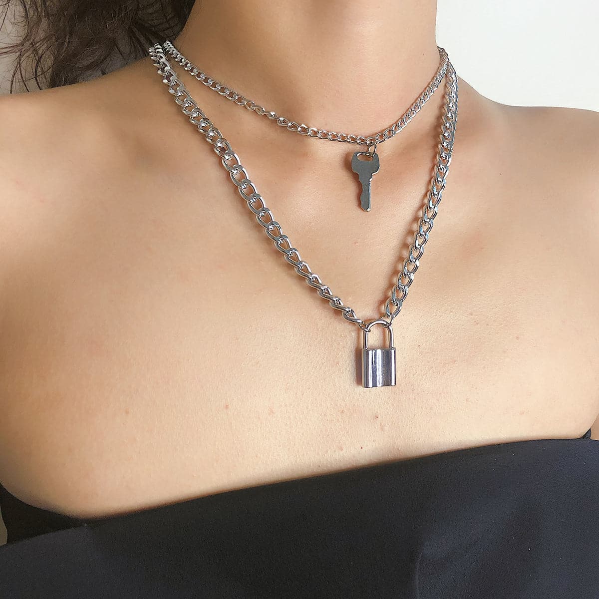 Silver-Plated Lock and Key Layered Pendant Necklace, silver pendant necklace for women, dainty minimalist design, side view