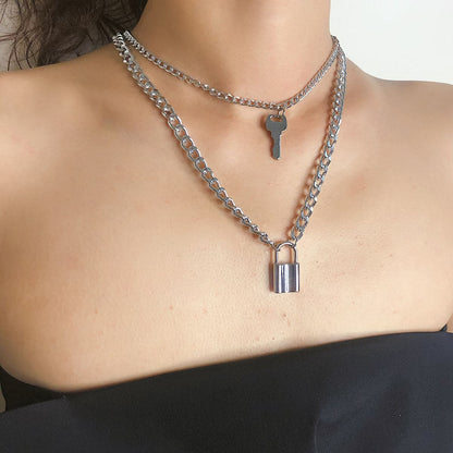 Silver-Plated Lock and Key Layered Pendant Necklace, silver pendant necklace for women, dainty minimalist design, side view