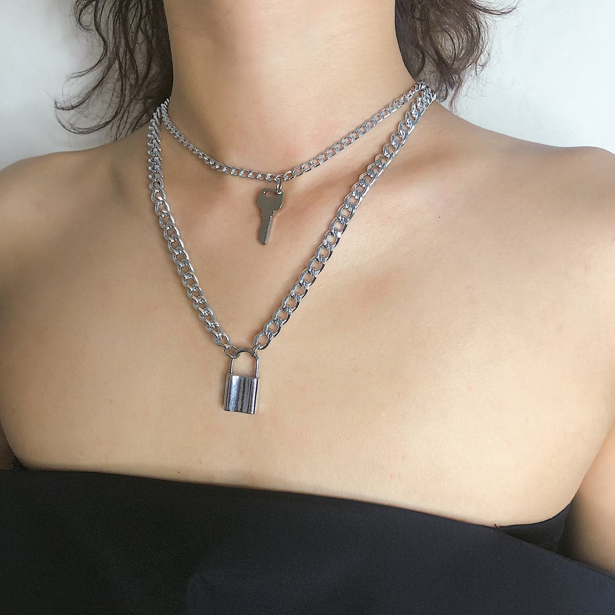 Silver-Plated Lock and Key Layered Pendant Necklace, silver pendant necklace for women, detail close-up