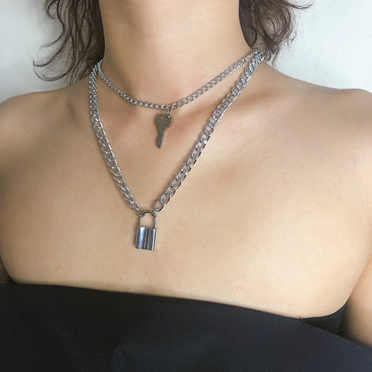 Silver-Plated Lock and Key Layered Pendant Necklace, silver pendant necklace for women, detail close-up