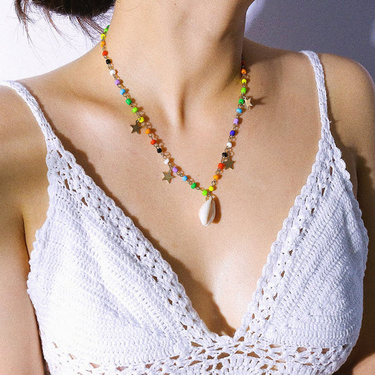 Jewel-Tone Howlite and Shell 18K Gold-Plated Star Station Necklace, gold pendant necklace for women, front view