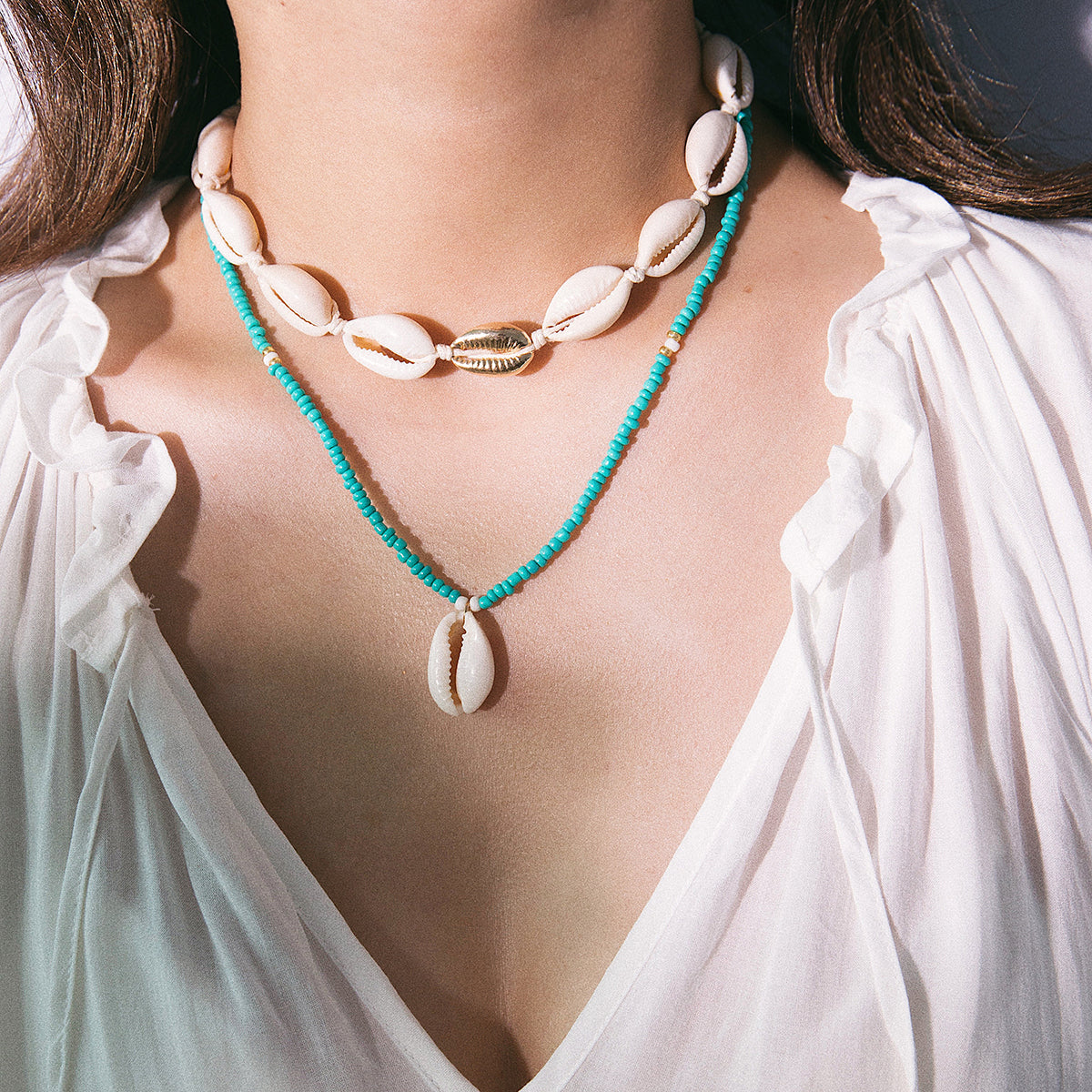 Teal Howlite & Shell Silver-Plated Beaded Pendant Necklace Set