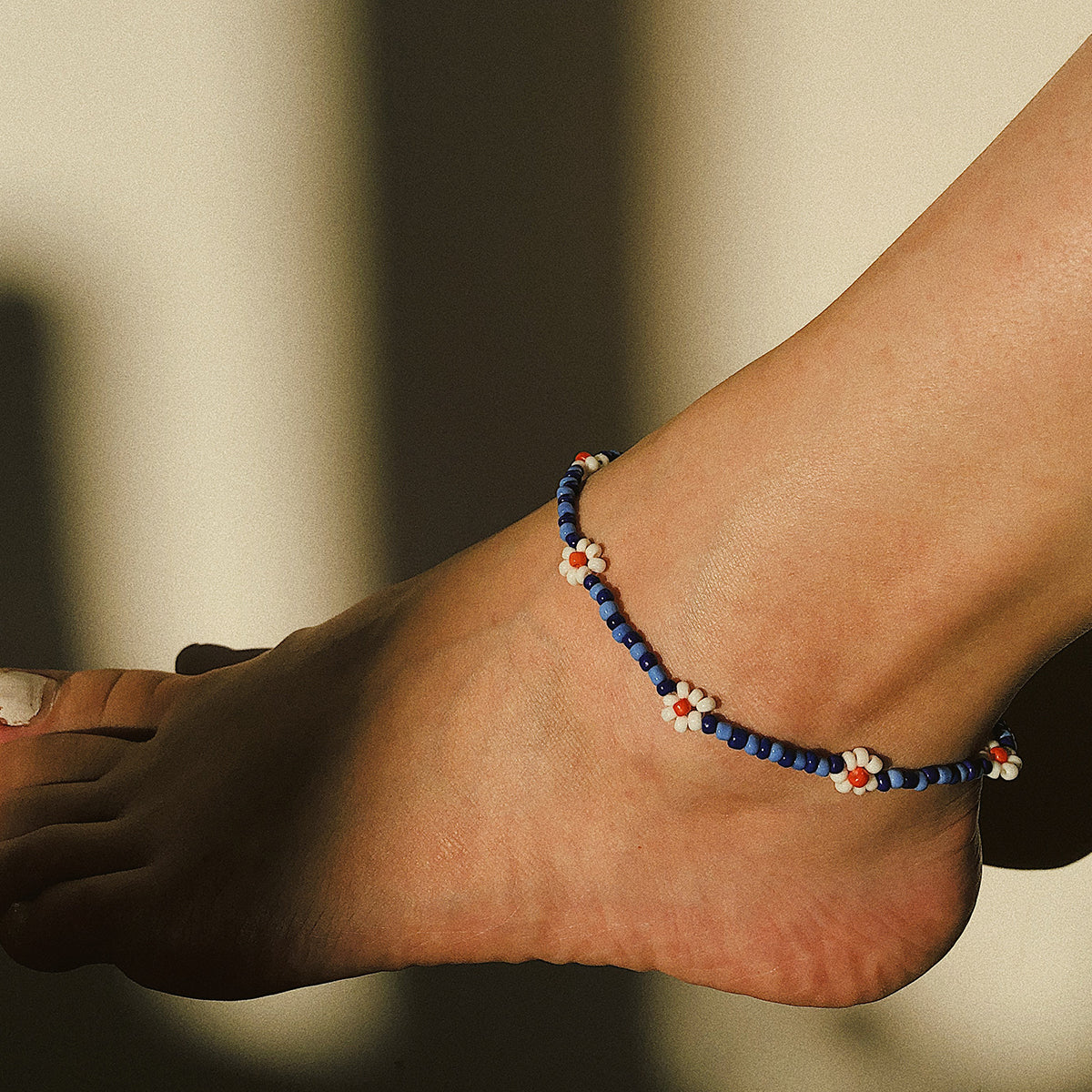 Blue Floral Beaded Anklet, anklet bracelet, everyday style, lifestyle look