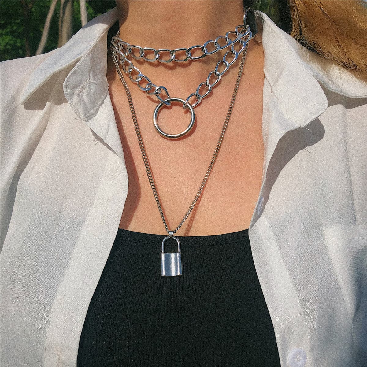 Black Polystyrene & Silver-Plated Layered Padlock Pendant Necklace