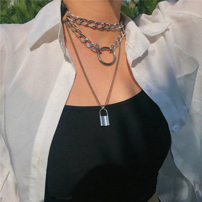 Black Polystyrene and Silver-Plated Layered Padlock Pendant Necklace, silver pendant necklace for women, detail close-up