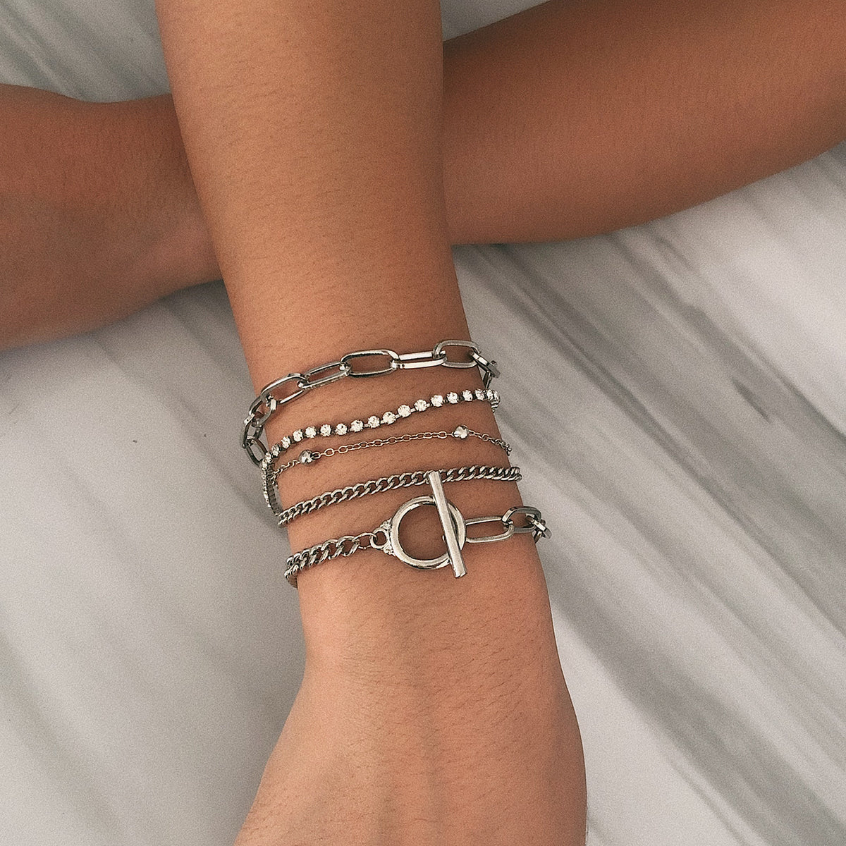 Cubic Zirconia and Silver-Plated Curb Chain Bracelet Set, jewelry gift sets for women, detail close-up