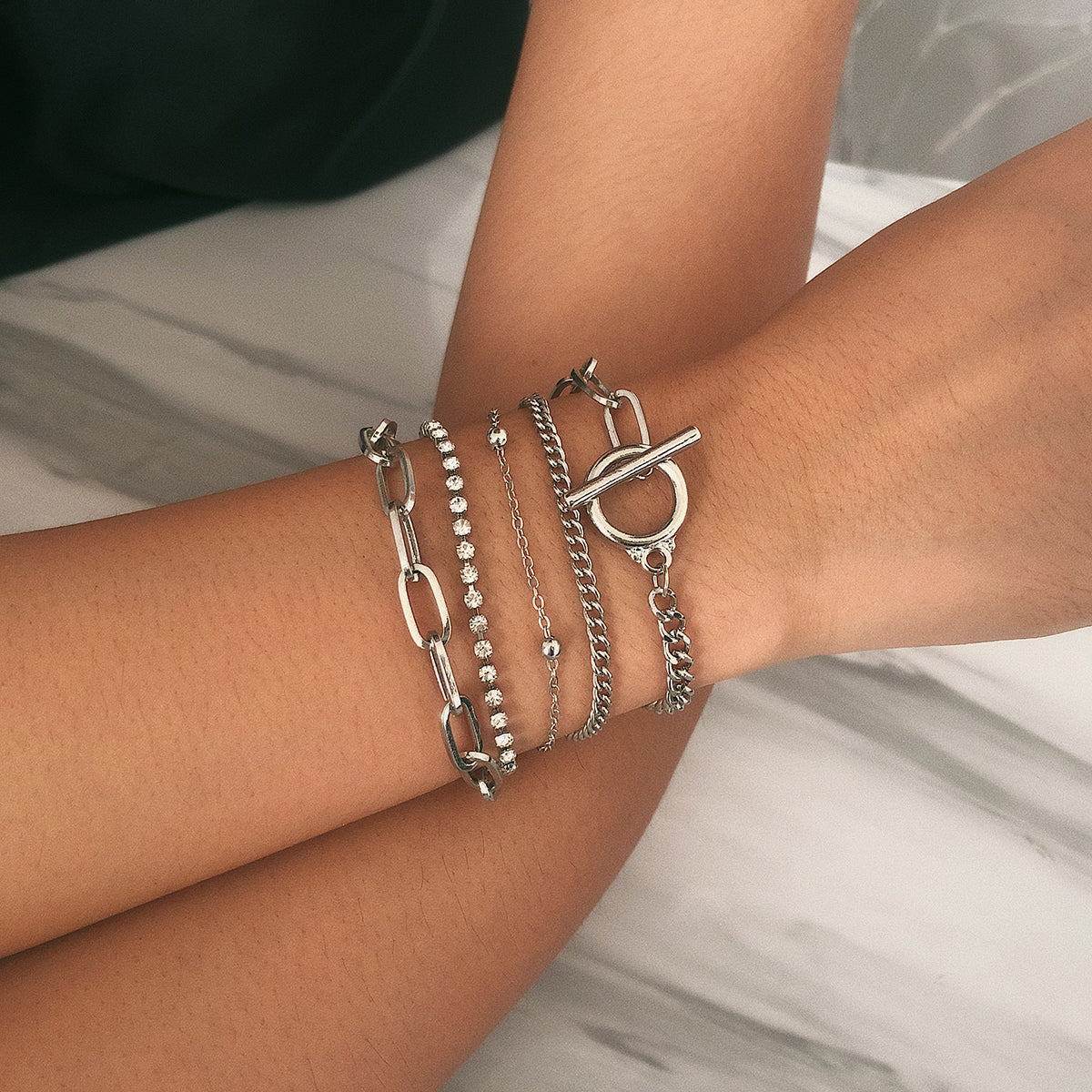 Cubic Zirconia and Silver-Plated Curb Chain Bracelet Set, jewelry gift sets for women, lifestyle look