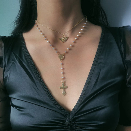 Pearl and 18K Gold-Plated Cross Layered Station Pendant Necklace, gold pendant necklace for women, front view