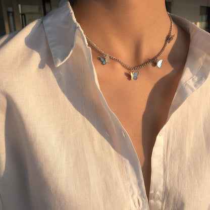 Silver-Plated Butterfly Station Choker Necklace, silver pendant necklace for women, everyday style, detail close-up