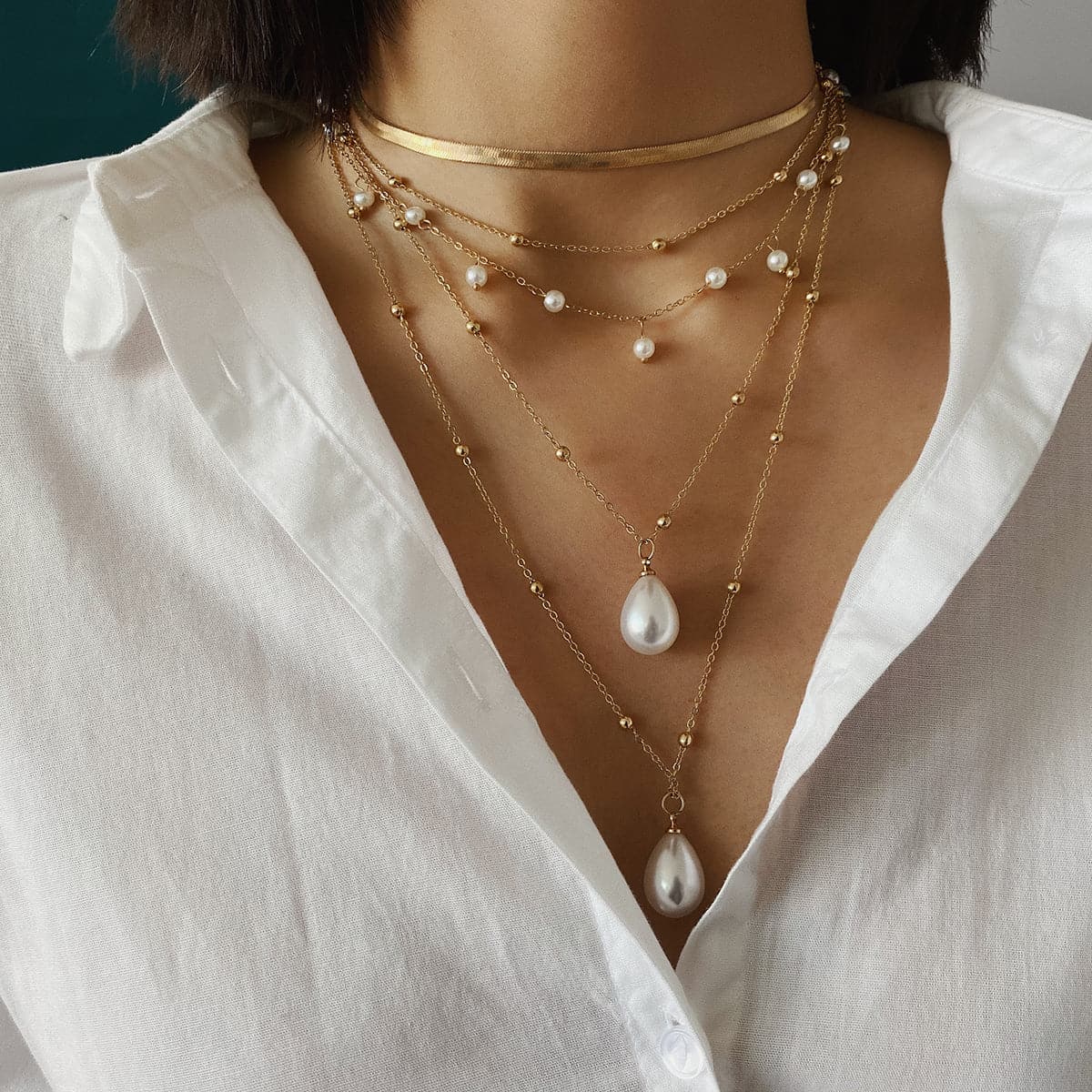 Pearl and 18K Gold-Plated Layered Necklace, gold pendant necklace for women, dainty minimalist design, front view