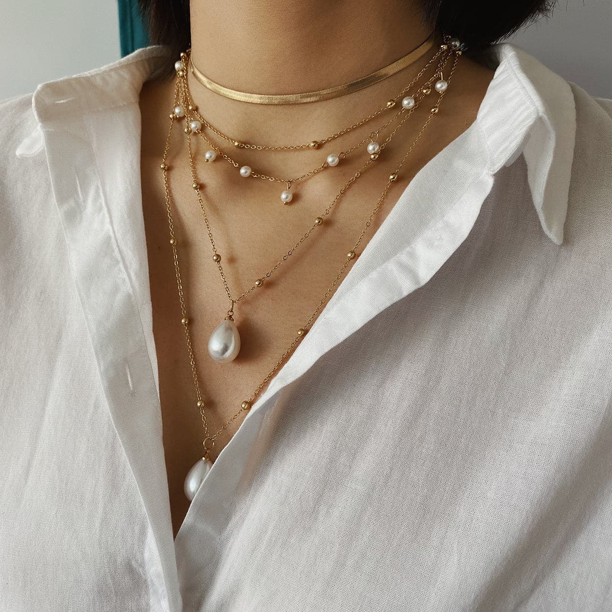 Pearl and 18K Gold-Plated Layered Necklace, gold pendant necklace for women, dainty minimalist design, side view