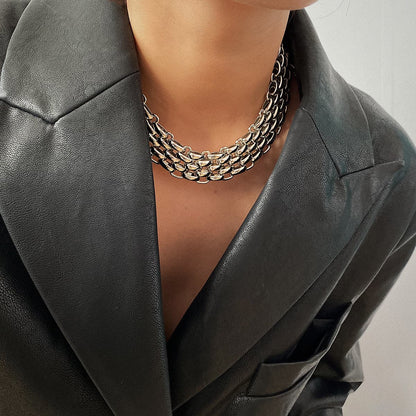 Silver-Plated Five-Row Chain Link Choker Necklace, silver pendant necklace for women, elegant gift for her, detail close-up