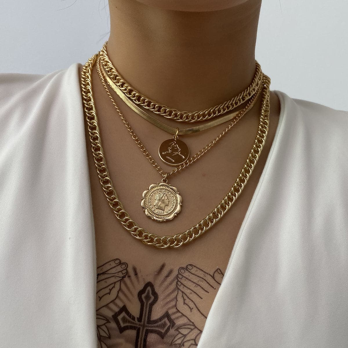18K Gold-Plated Coins Layered Pendant Necklace, gold pendant necklace for women, botanical inspired, side view