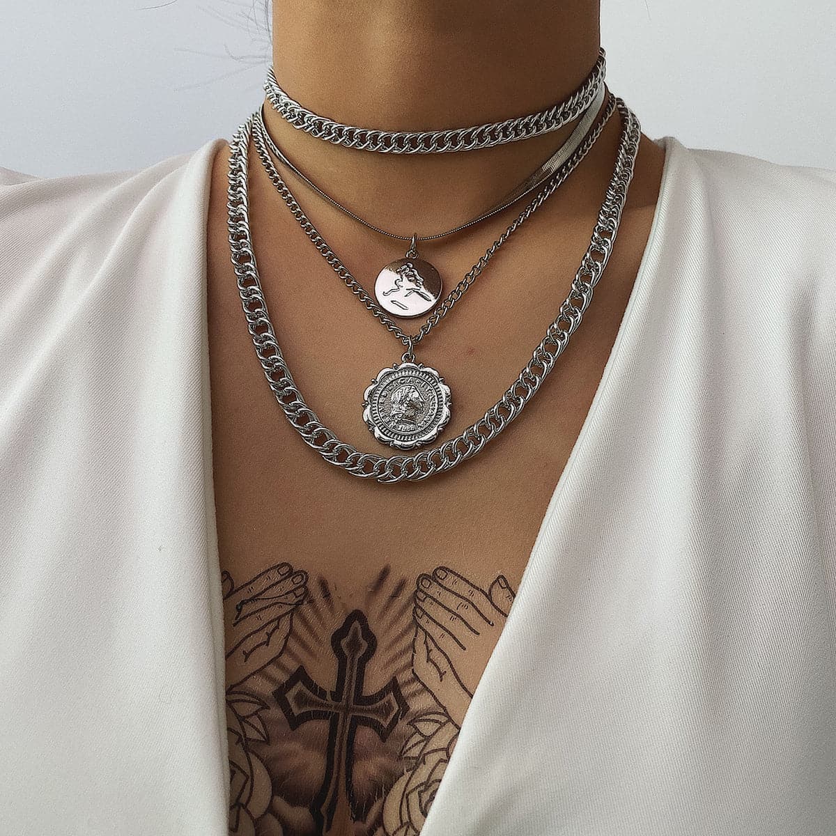 Silver-Plated Coin Layered Pendant Necklace Set