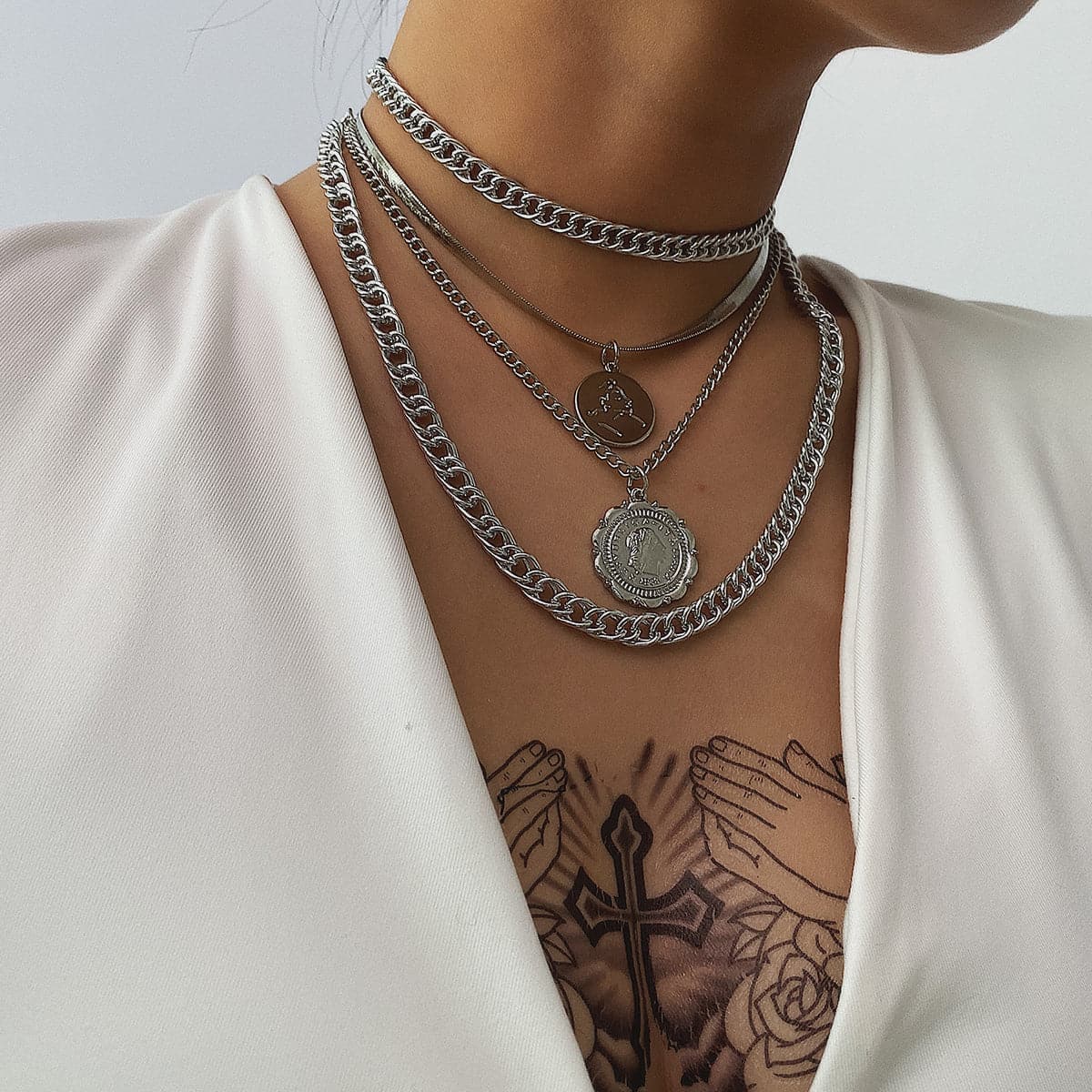 Silver-Plated Coin Layered Pendant Necklace Set, jewelry gift sets for women, elegant gift for her, front view