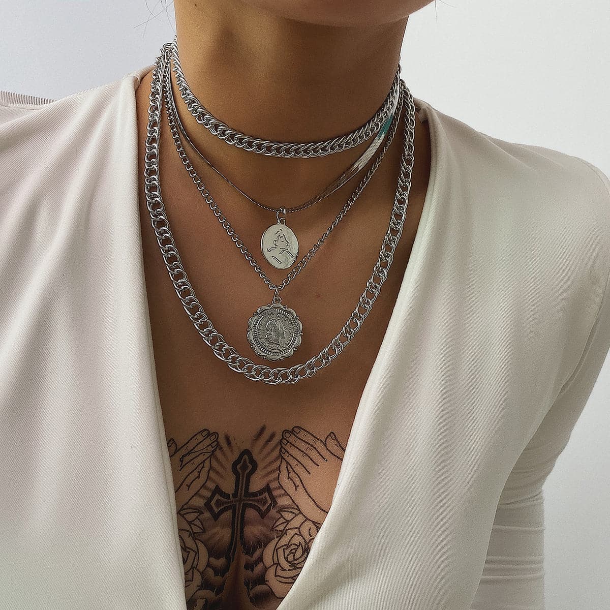 Silver-Plated Coin Layered Pendant Necklace Set, jewelry gift sets for women, elegant gift for her, side view
