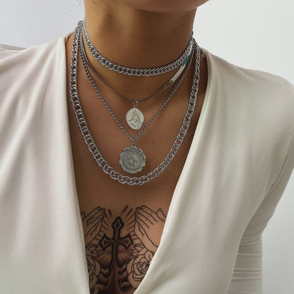 Silver-Plated Coin Layered Pendant Necklace Set, jewelry gift sets for women, elegant gift for her, side view