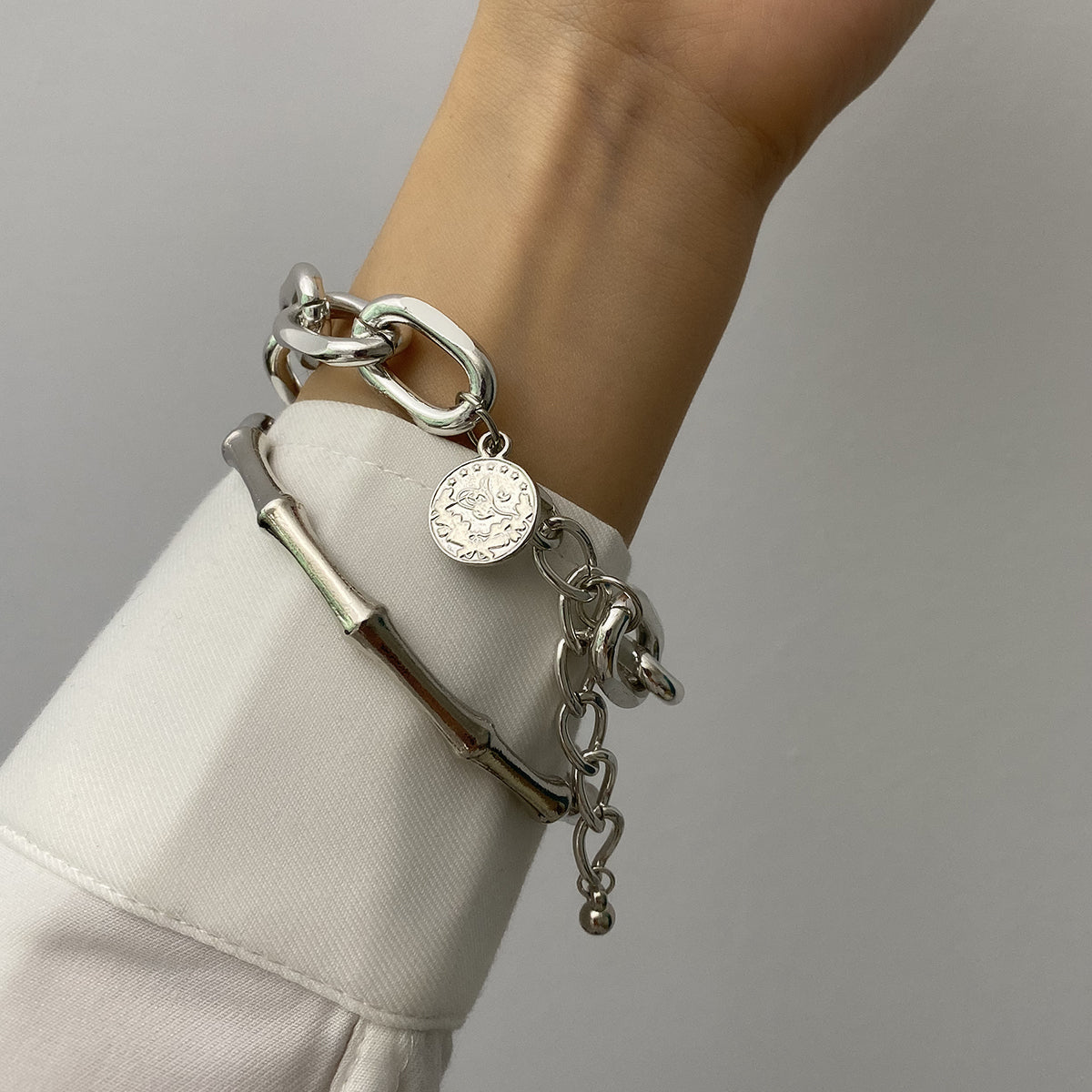 Silver-Plated Figaro Bracelet and Bamboo Bangle Set, jewelry gift sets for women, elegant gift for her, lifestyle look