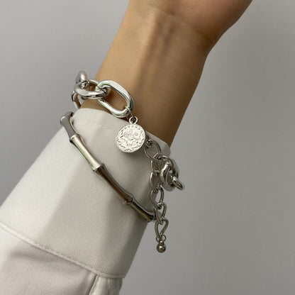 Silver-Plated Figaro Bracelet and Bamboo Bangle Set, jewelry gift sets for women, elegant gift for her, lifestyle look