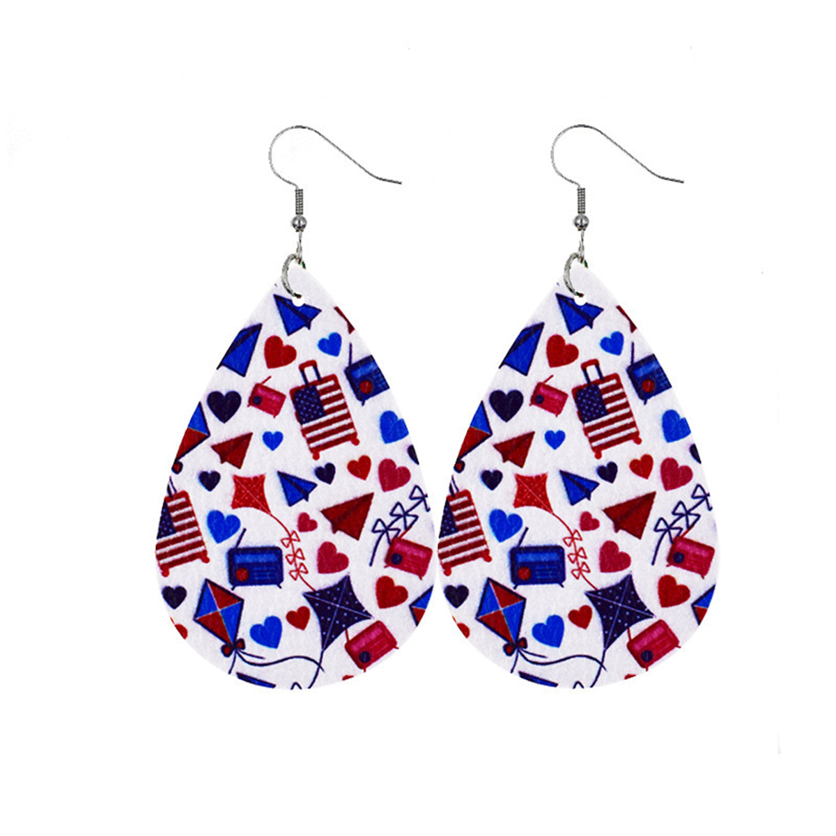 White & Blue Polystyrene Patriotic Teardrop Drop Earrings