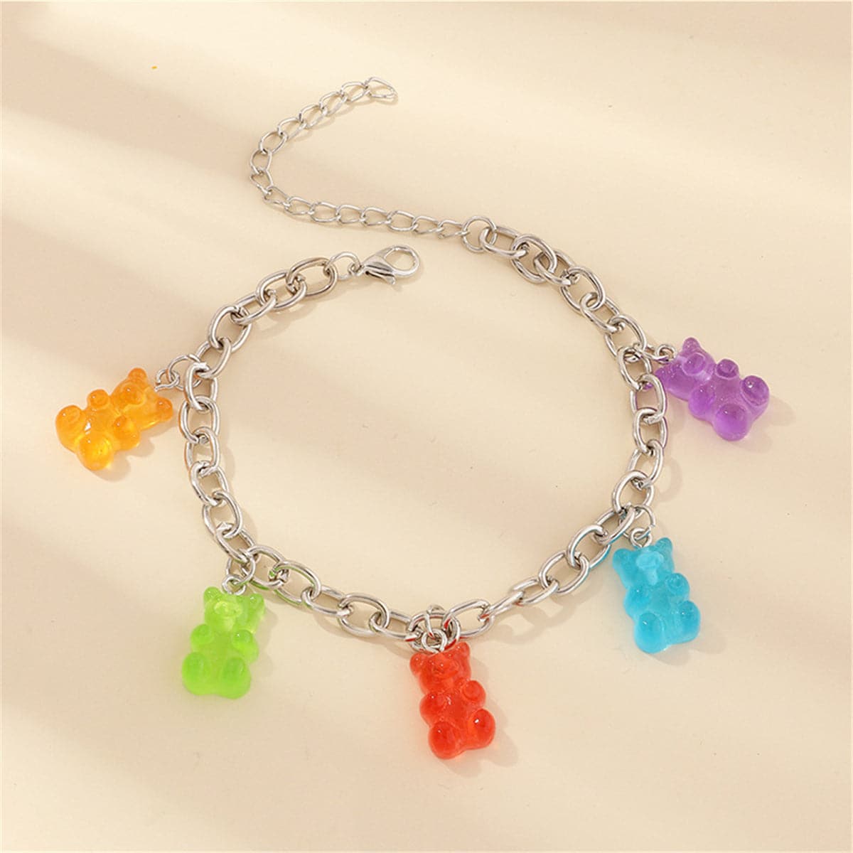 Rainbow Resin and Silver Plated Bear Station Anklet, silver anklet bracelet, everyday style, styled look