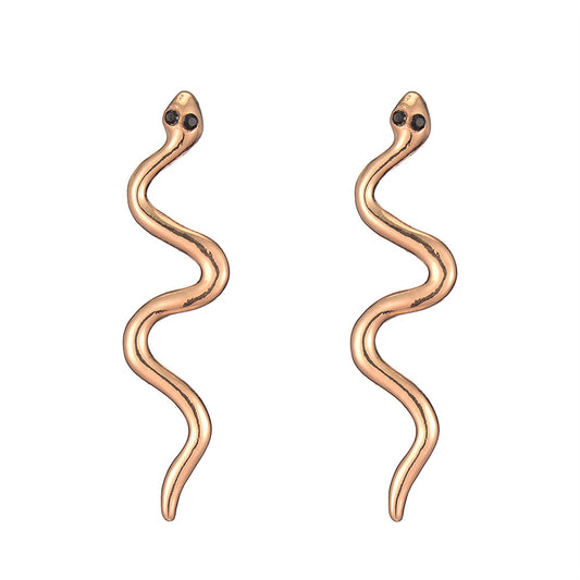 Black Cubic Zirconia and 18K Gold-Plated Snake Drop Earrings, gold drop earrings for women, botanical inspired, front view