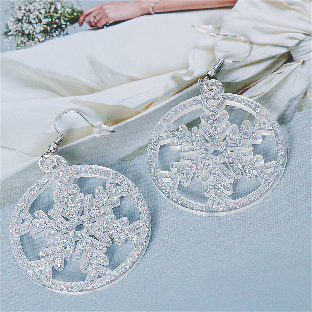 Acrylic & Silver-Plated Glitter Snowflake Circle Drop Earrings
