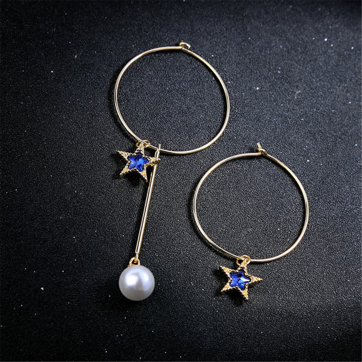 Blue & 18K Gold-Plated Star Open Circle Asymmetrical Drop Earrings