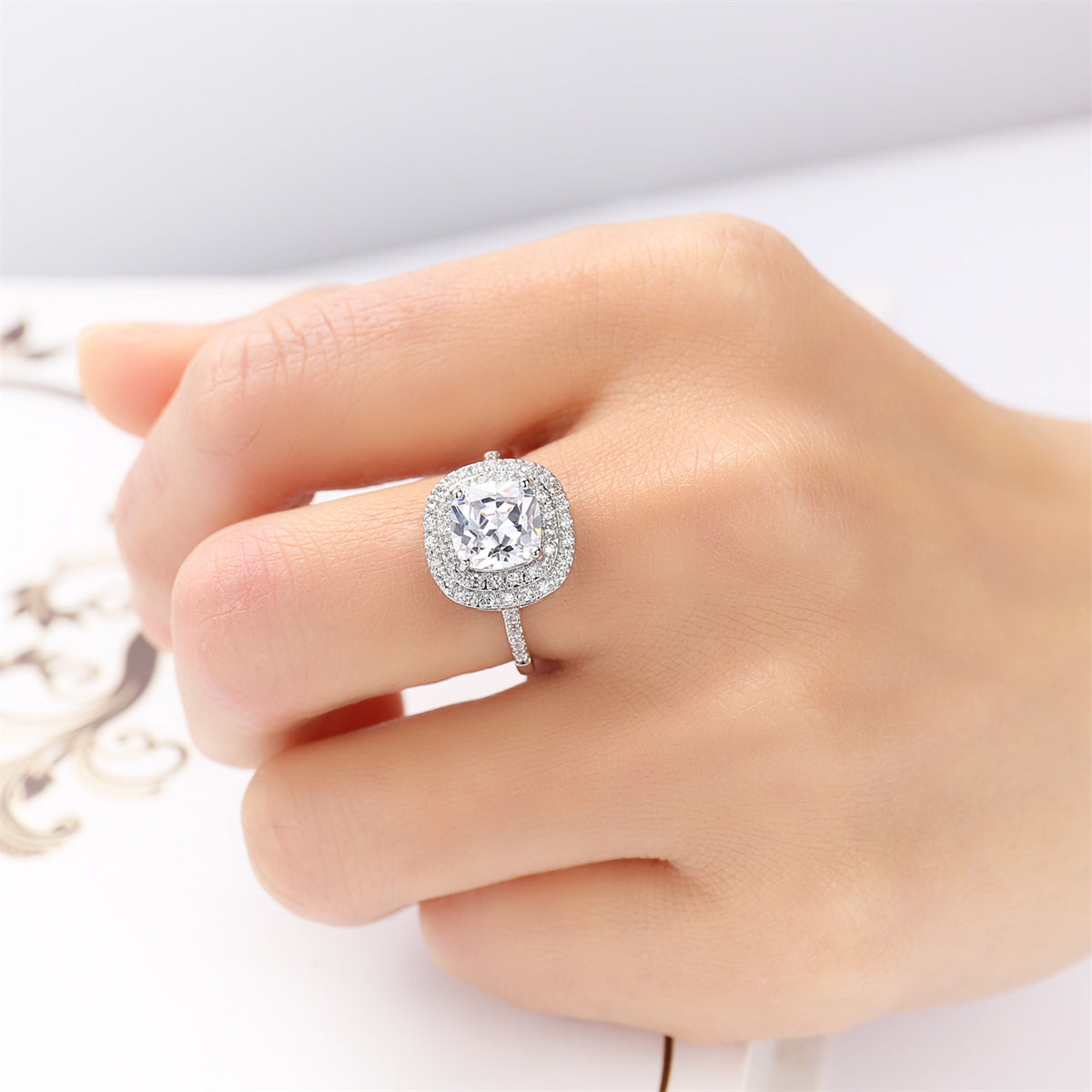 Cubic Zirconia and Crystal Halo Ring, statement rings for women, botanical inspired, front view