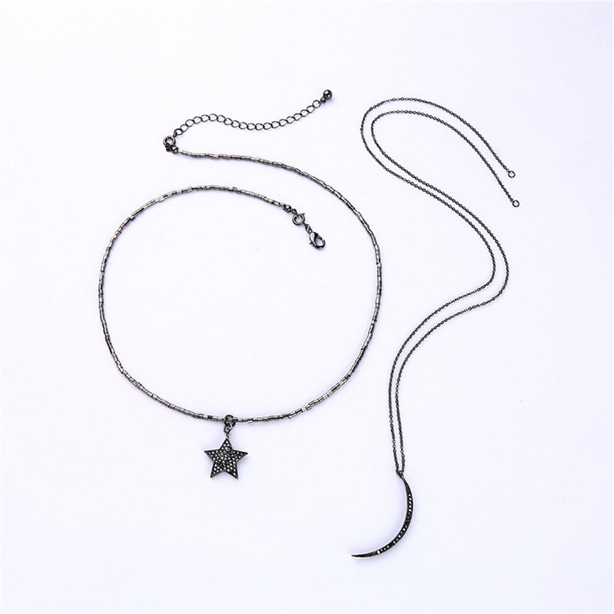 Black Cubic Zirconia & Gunmetal-Tone Moon & Star Layered Necklace