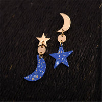 Blue & Goldtone Moon Star Asymmetrical Drop Earrings