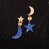 Blue & Goldtone Moon Star Asymmetrical Drop Earrings
