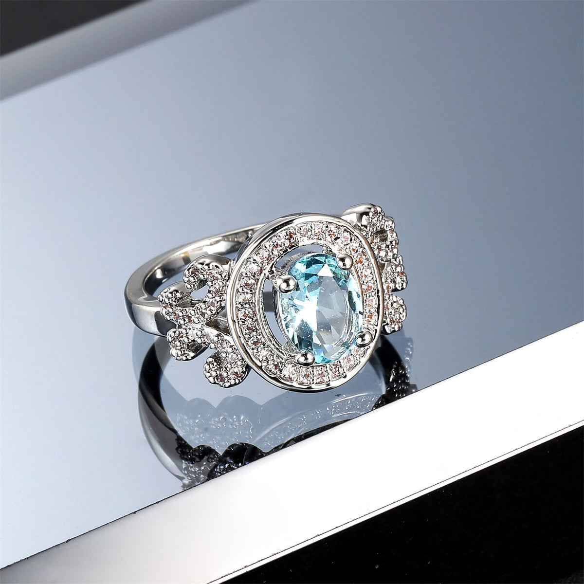 Cubic Zirconia and Sea Blue Crystal Halo Butterfly Ring, statement rings for women, botanical inspired, styled look