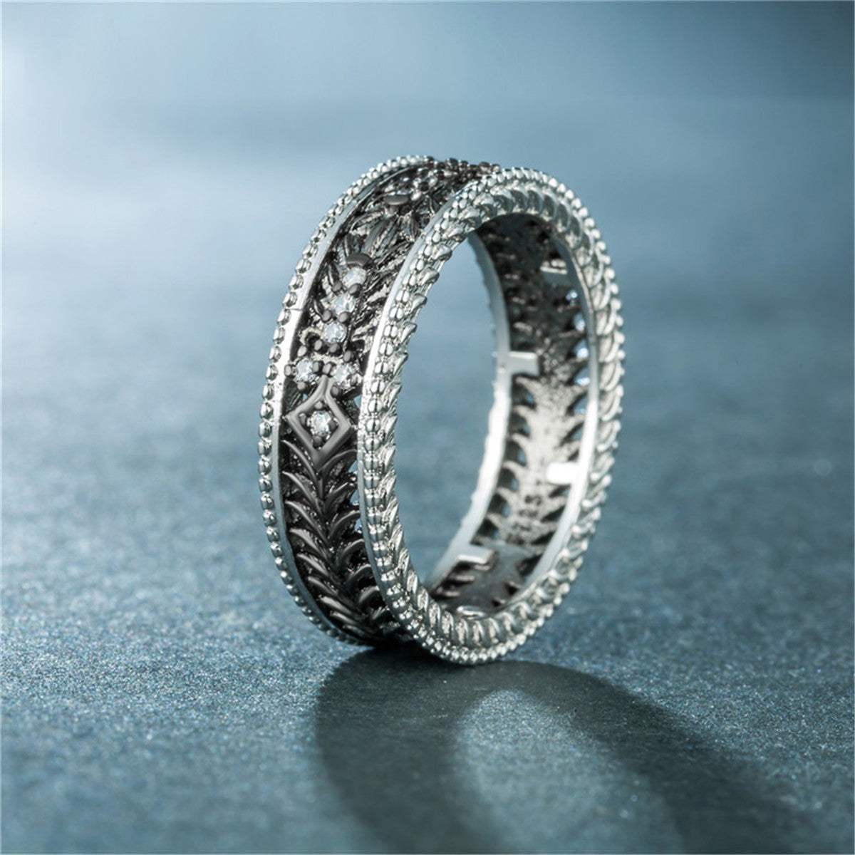 Cubic Zirconia and Two Tone Openwork Band, statement rings for women, vintage-inspired design, detail close-up