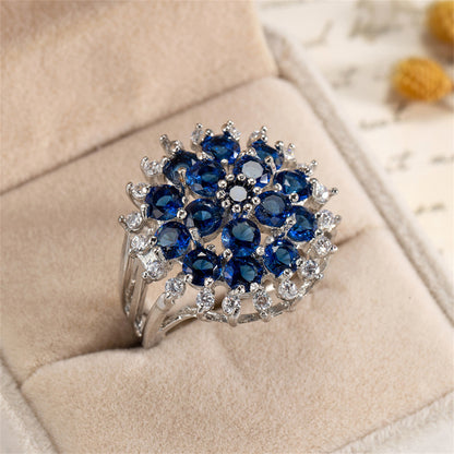 Navy Crystal and Cubic Zirconia Silver-Plated Floral Ring, silver statement rings for women, elegant gift for her, front view