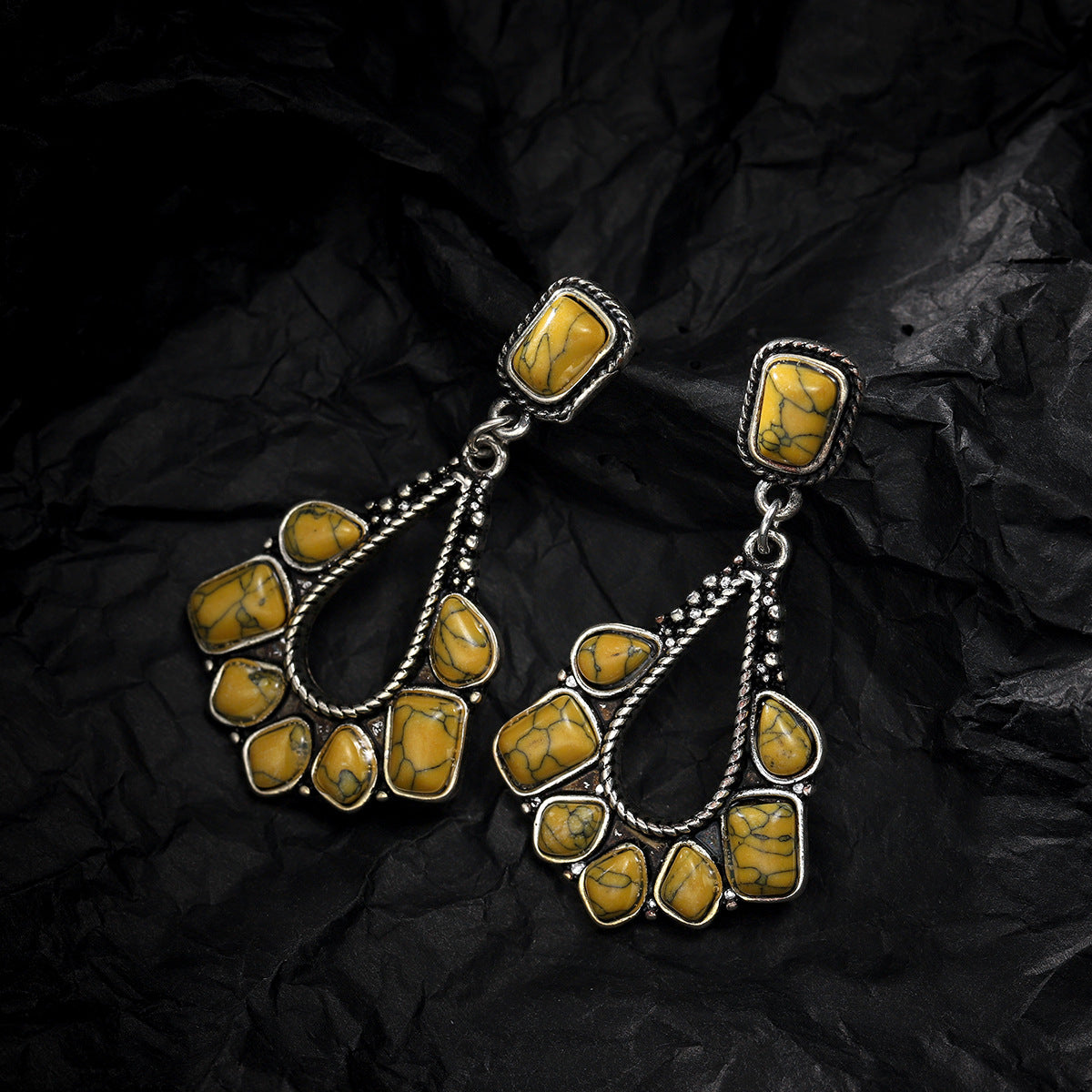 Yellow Marbled Turquoise & Silver-Plated Chandelier Drop Earrings