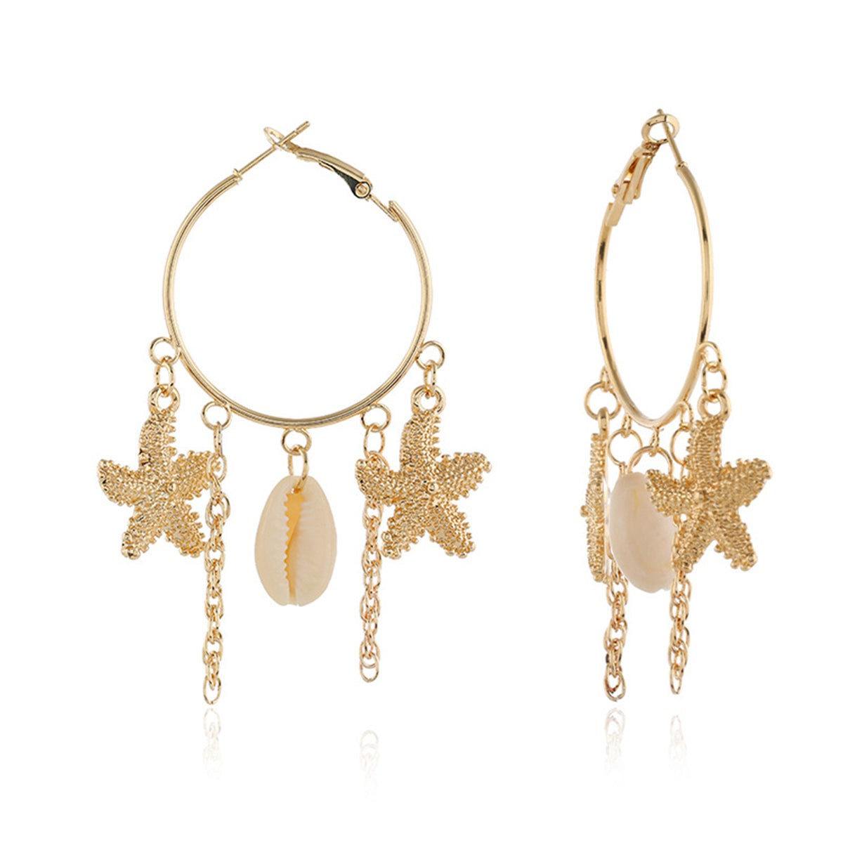 18K Gold-Plated Star and Shell Charm Hoop Earrings, gold drop earrings for women, vintage-inspired design, side view