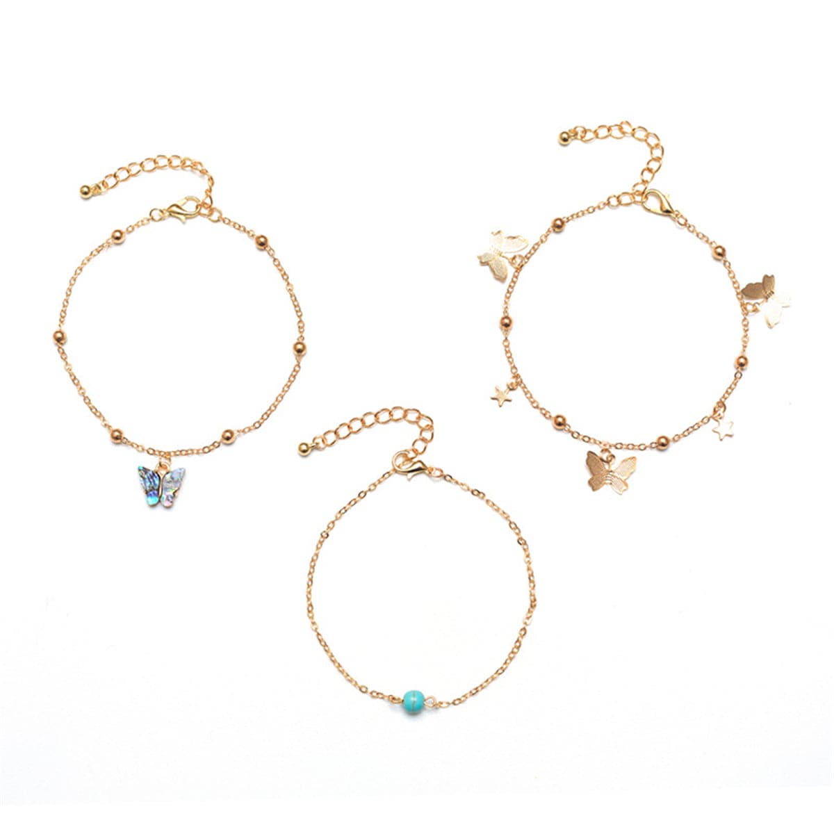 Abalone Shell & Turquoise 18k Gold-Plated Butterfly Anklet Set