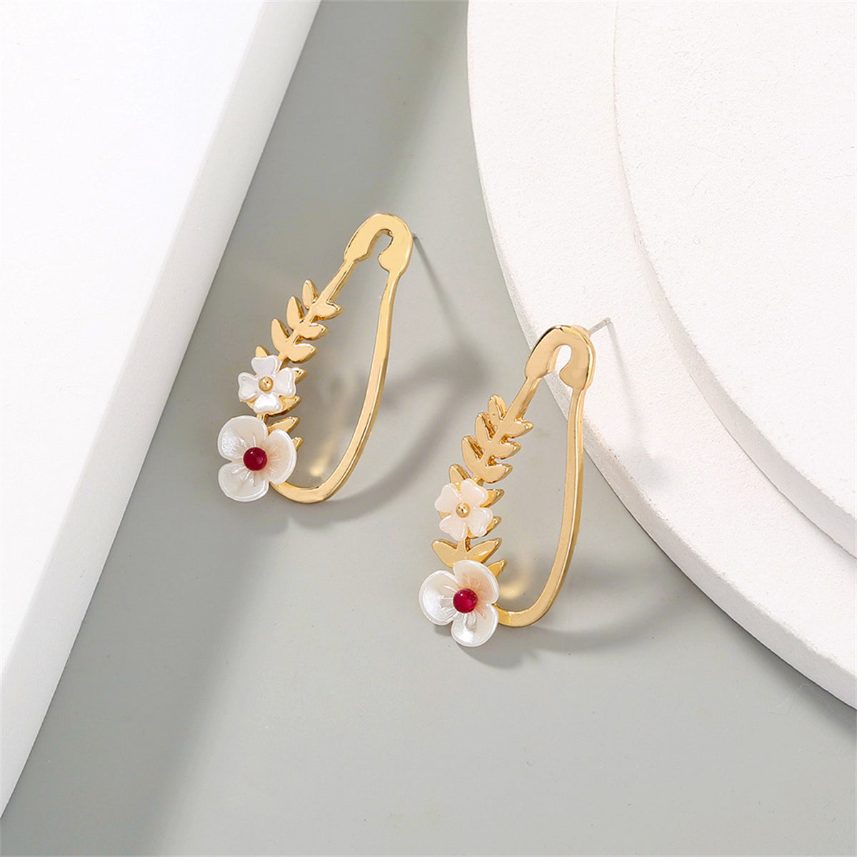 White Acrylic and 18K Gold-Plated Flower Pin Drop Earrings, gold stud earrings for women, detail close-up