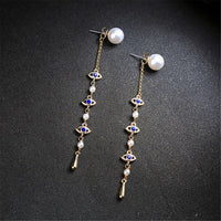 Blue Crystal & Imitation Pearl Linking Eyes Drop Earrings - streetregion